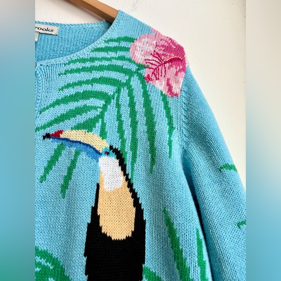 🦜 Vintage 90s David Brooks COLORFUL PARROT & Hibiscus Novelty Cardigan Sweater L - Picture 3 of 6